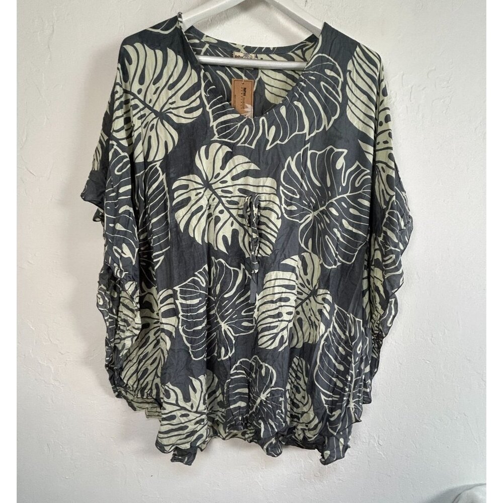 NaPua Collection Womens Tropical Leaf Print Hawaiian Tunic Top One Size Gray New